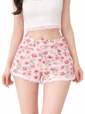 Sugar Thrillz Pink Floral High-Waist Denim Shorts